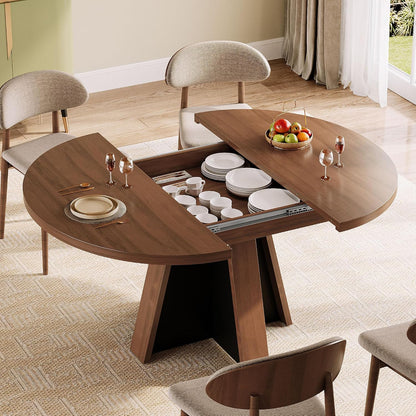 iPormis 43.3in-59in Extendable Round Dining Table for 4-6, Modern Wooden Kitchen Table for Dining Room, Adjustable Size Oval Circle Dinner Tables Furniture for Kitchen Living Room, Walnut Brown