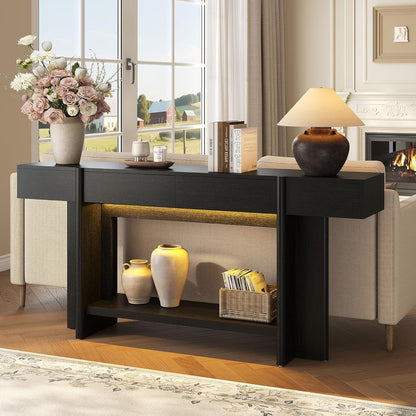 Einhomn 70.8" Long Console Table, 2 Drawer Entryway Table with Colorful LED Lights, Farmhouse Entry Way Table with Open Storage, Narrow Long Sofa Table for Entrance, Living Room, Hallway, Black