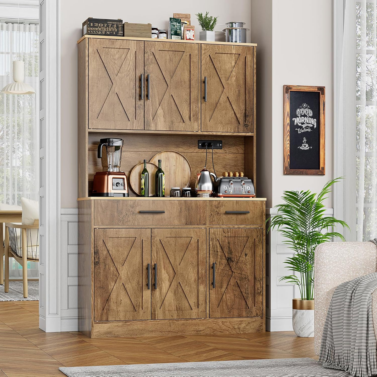Shintenchi Pantry Cabinet with Charging Station, 70” Tall Kitchen Storage Cabinet with Microwave Stand, Storage Drawers & Adjustable Shelves, Large Capacity Kitchen Hutch for Dining Room, Brown