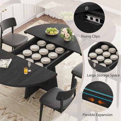 43''–59'' Extendable Dining Table, Round Kitchen Dining Room Dinner Table with for 4 6 8 People, Space Saving Modern Oval Expandale Furniture with Storage and Pedestal for Kitchen Living Room (Black)