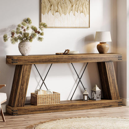 Tribesigns 70.9" Farmhouse Console Table, Long Sofa Table Behind Couch with Storage, Narrow Wooden Console Station, Industrial Rustic Entryway Furniture for Hallway, Entry, Living Room (1, Dark Brown)