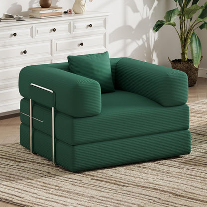 Single Couch Sofa for Small Spaces, 2-in-1 Single Sofa with Soft Corduroy Foldable Chair Lounger Sleeper Sofas for Small Apartment, Living Room, Home Office (Green, 35.43" Single Sofa)