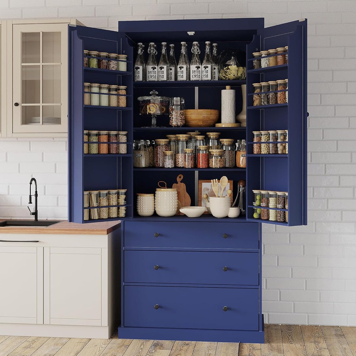 JIJIWANG 77inch Farmhouse Kitchen Pantry Storage Cabinet with Adjustable Shelves and Storage Cabinet,Versatile Cupboard with Door Shelves and Drawers,for Kitchen,Dining Room,Blue