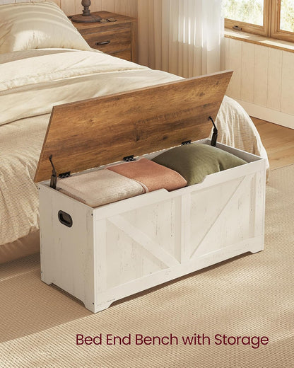 VASAGLE Storage Chest, Storage Bench with 2 Safety Hinges, Farmhouse Style, 15.7 x 39.4 x 18.1 Inches, for Entryway, Bedroom, Living Room, Honey Brown and Rustic White ULSB060WJ01S