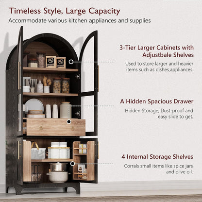 71" Tall Arched Pantry Cabinet with Glass Doors and Adjustable Shelves, Farmhouse Arched Pantry Cabinet with Drawer for Kitchen, Dining Room, Living Room, Bathroom, Black