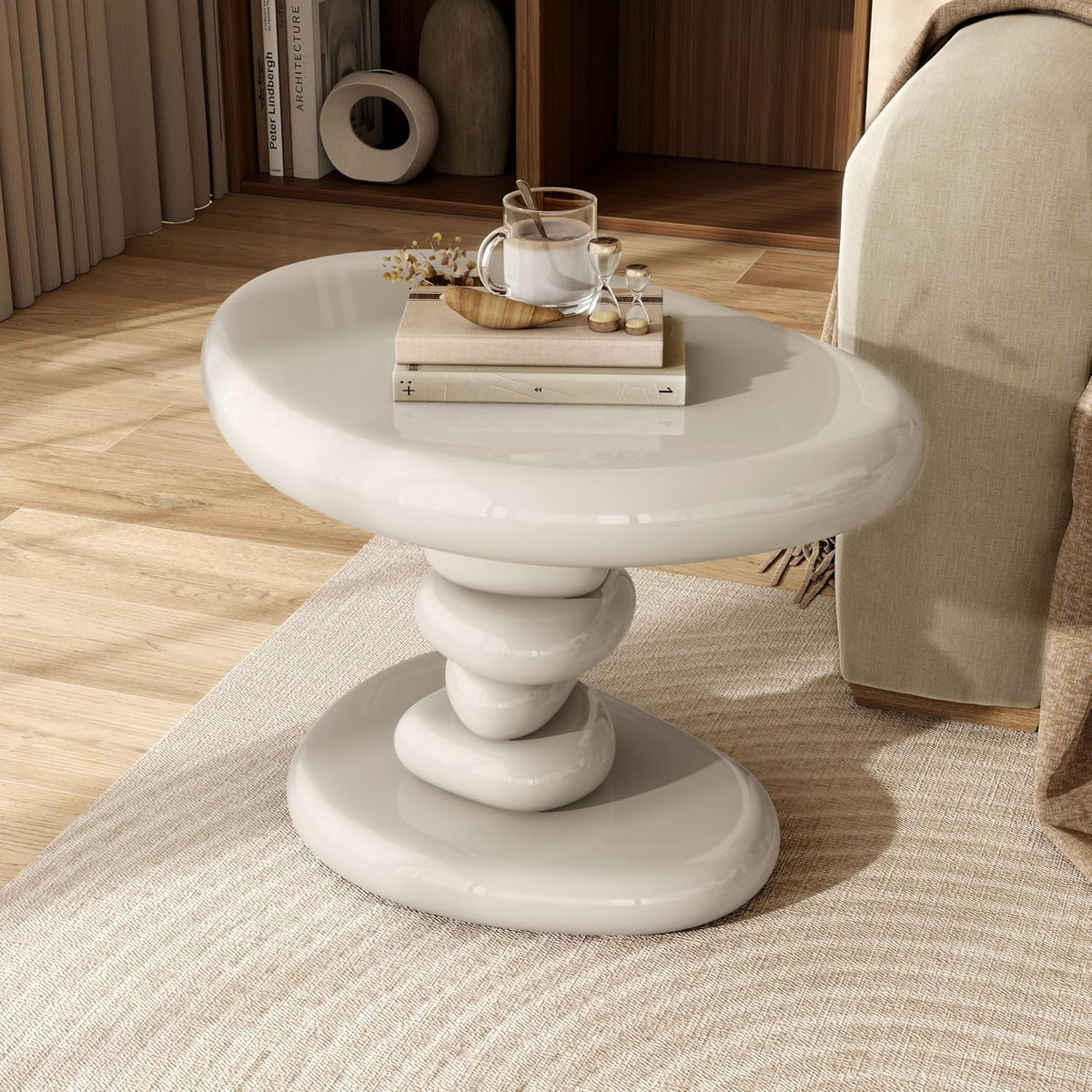 24/7 Shop at Home Kavren Modern 22-inch Oval Glossy Pedestal End Table, Stone Shape Living Room Furniture for Small Space, Ivory