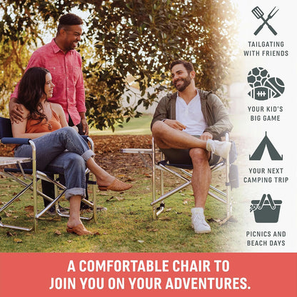 Picnic TIME Sports Chair with Side Table and Armrest Caddy, Lightweight Aluminum Folding Outdoor Camping Chair for Adults, Portable Director Style Lawn Seating, (Marine Stripe with Navy Blue Frame)
