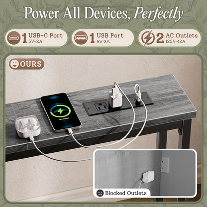 Huuger 110.2 Inch Behind Couch Table with 2 Power Outlets and USB-C Ports, Extra Long Narrow Sofa Table for Sectional Sofa, Skinny Console Table with Anti-Bump Pads, for Living Room, Grey