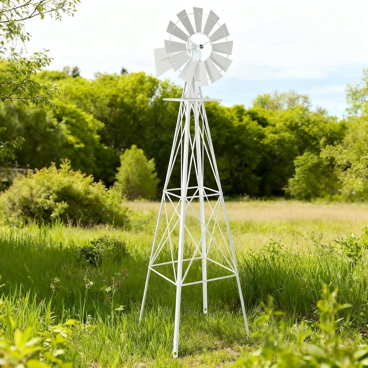 8FT Windmill for Yard Garden Decoration with Weather Vanes，Heavy Duty Outdoor Wind Mills, Large Metal Outdoor Windmill,Weather Resistant,White