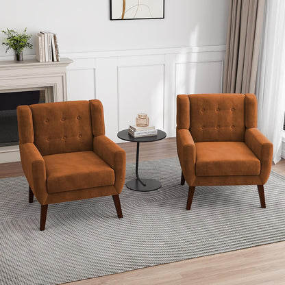 Accent Chairs Set of 2, Velvet Upholstered Armchair, Orange | Mid Century Modern Living Room Chair, Button Tufted Wingback Chair with Removable Cushion, Bedroom Side Reading Seat
