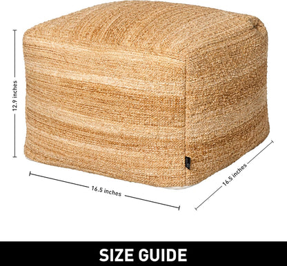 Chardin home Unstuffed Pouf Ottoman Cover, Beige, 16.5x16.5x12.9 Inches | DIY Fillable Floor Pouf with Storage, Indoor Outdoor Square Ottoman, Footrest, Boho Decorative Floor Pillow