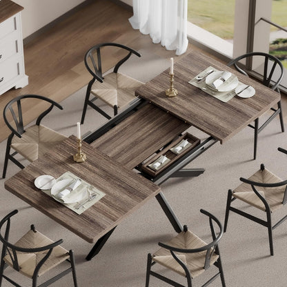 Extendable Dining Room Table for 4 6 8, 55"-70.9" Kitchen Table Rectangle Wood, Expandable Dining Table with Hidden Storage, Space Saving Farmhouse Kitchen Table for Kitchen Dining Living Room