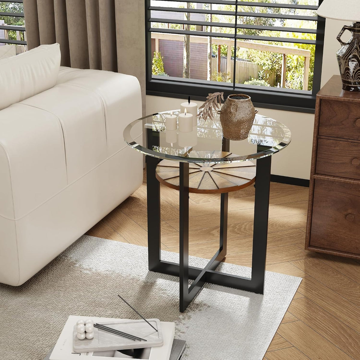 Set of 3 Living Room Tables Set -One Coffee Table and Two End Tables with Tempered Glass, 47.8" Center Table and 23.8" Beside Table with Wood Storage Shelf and Metal Leg, Brown Shelf & Black Leg B2616