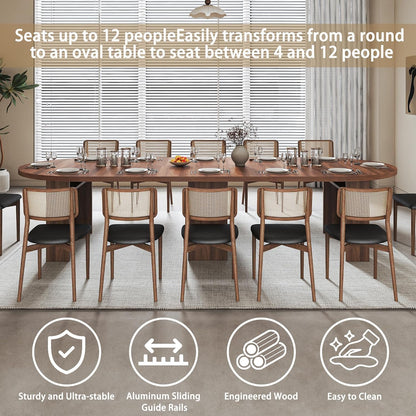 47-118 Inch Round Extendable Dining Table for 4-12, Kitchen Table with Wood Strip Base, Modern Oval Dining Room Table for Kitchen Living Room, Walnut