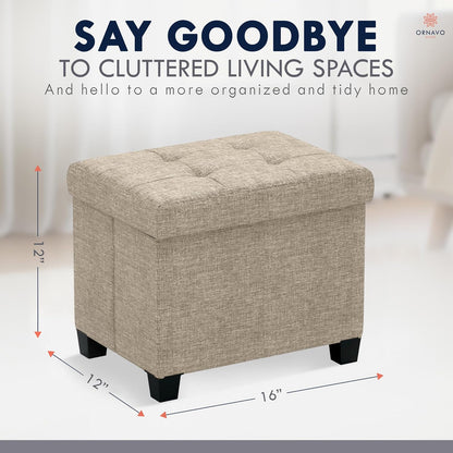 Ornavo Home Small Rectangle Storage Ottoman with Legs, 12x16x12, Tan/Taupe | Foot Rest Stool Seat; Holds Up to 600 lbs; Ideal for Living Room, Bedroom, Home Office or Dorm