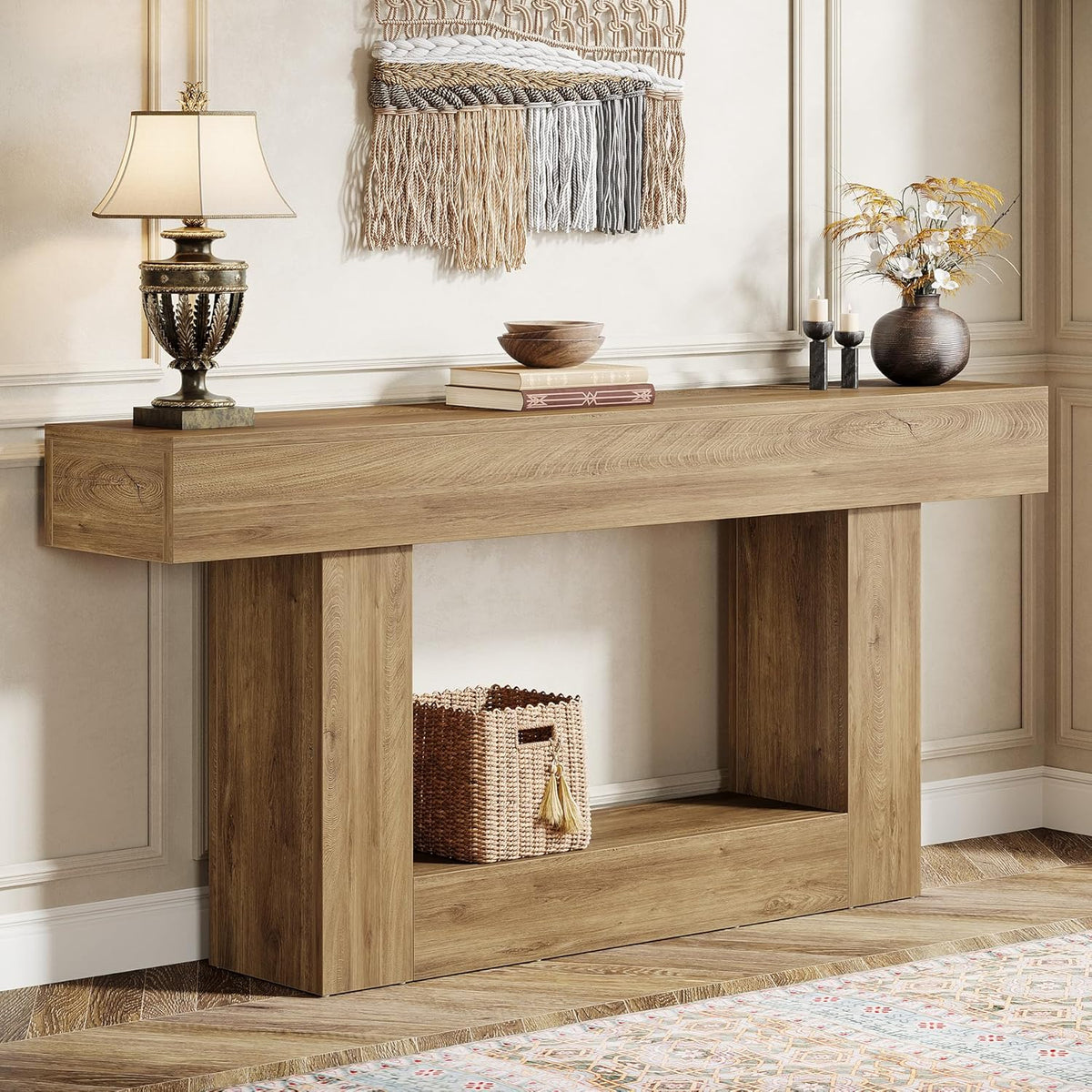 Tribesigns 63" Console Table, Farmhouse 2-Tier Entryway Table with U-Shaped Base, Narrow Long Wood Sofa Table Behind Couch Table for Living Room, Hallway, Foyer, Light Brown