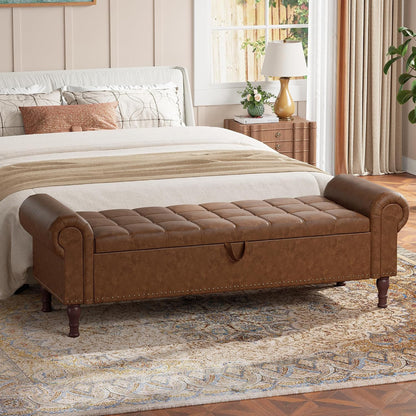 YOUDENOVA 60" Entryway Bench with Storage, PU Leather End of Bed Bench with Tufted Button, Upholstered Ottoman Bench with Rolled Arms for Living Room, Storage Room, Bedroom, Brown