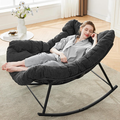 Oversized Rocking Chair Indoor, Papasan Rocking Chair Outdoor, Lounge Chair with Cushion, Patio Egg Rocker Chairs, Comfy Reading Chairs for Bedroom, Living Room, Garden, Lawn, Dark Grey