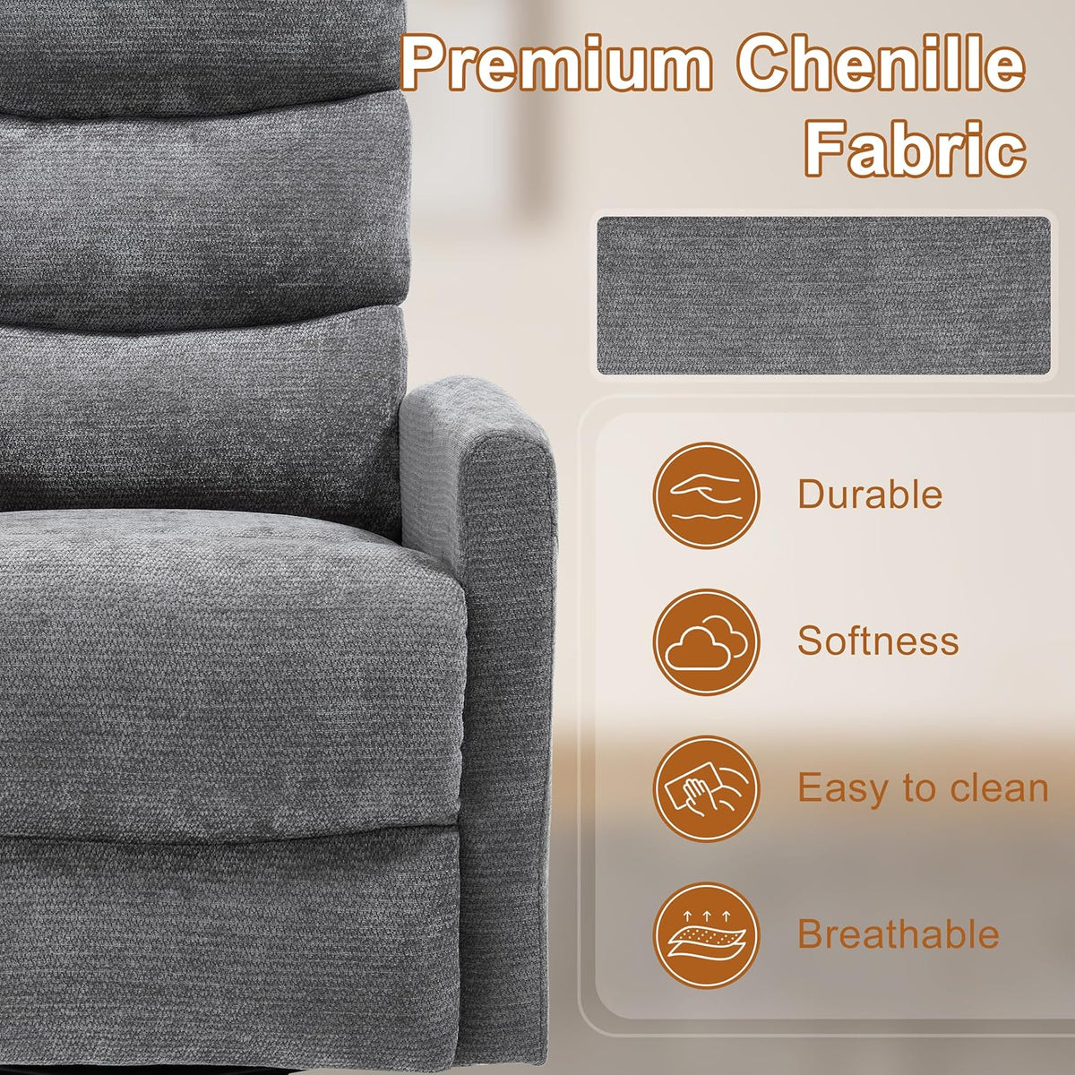 Manual Swivel Rocker Recliner Chair for Adults, Overstuffed Reclining Glider Chair for Nursing with Vibration Massage & Heat, Living Room Rocking Recliner 3-Stage backrest, Chenille Fabric Dark Gray
