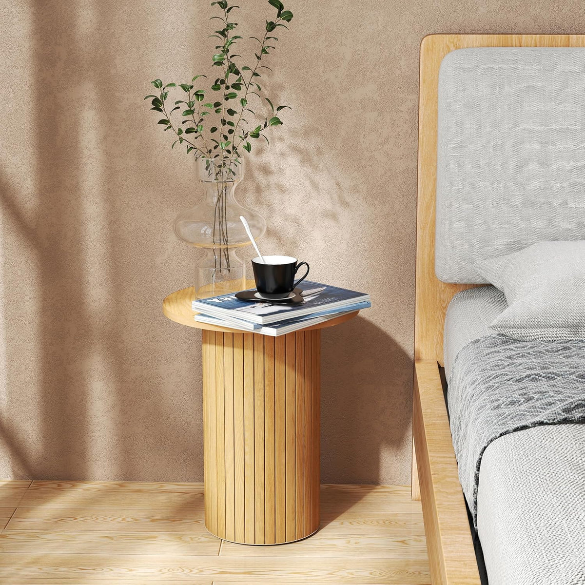 Small Round Side Table, Fluted Drum Pedestal End Table, Wood Plant Stand for Small Spaces, Modern Home, Bedroom, and Living Room Desk Furniture, Nature