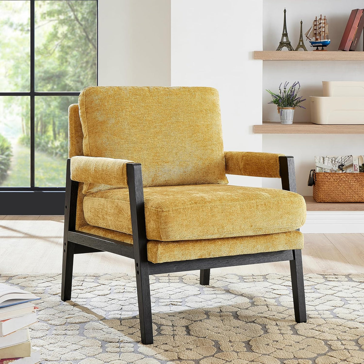 Roundhill Furniture Kelly Mid-Century Modern Chenille Upholstered Accent Armchair, Yellow