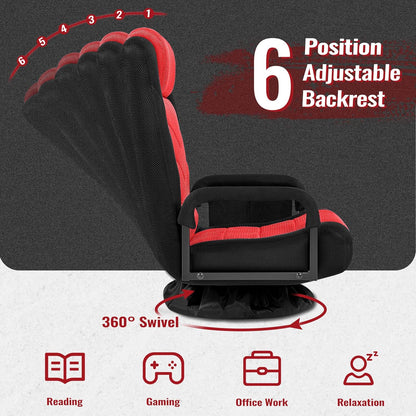 Yaheetech Floor Gaming Chair High-Back Swivel Adjustable Folding Seat Red | Foam-padded polyester mesh seat on an iron frame swivels 360°, reclines for gaming or TV, and folds flat for easy storage.