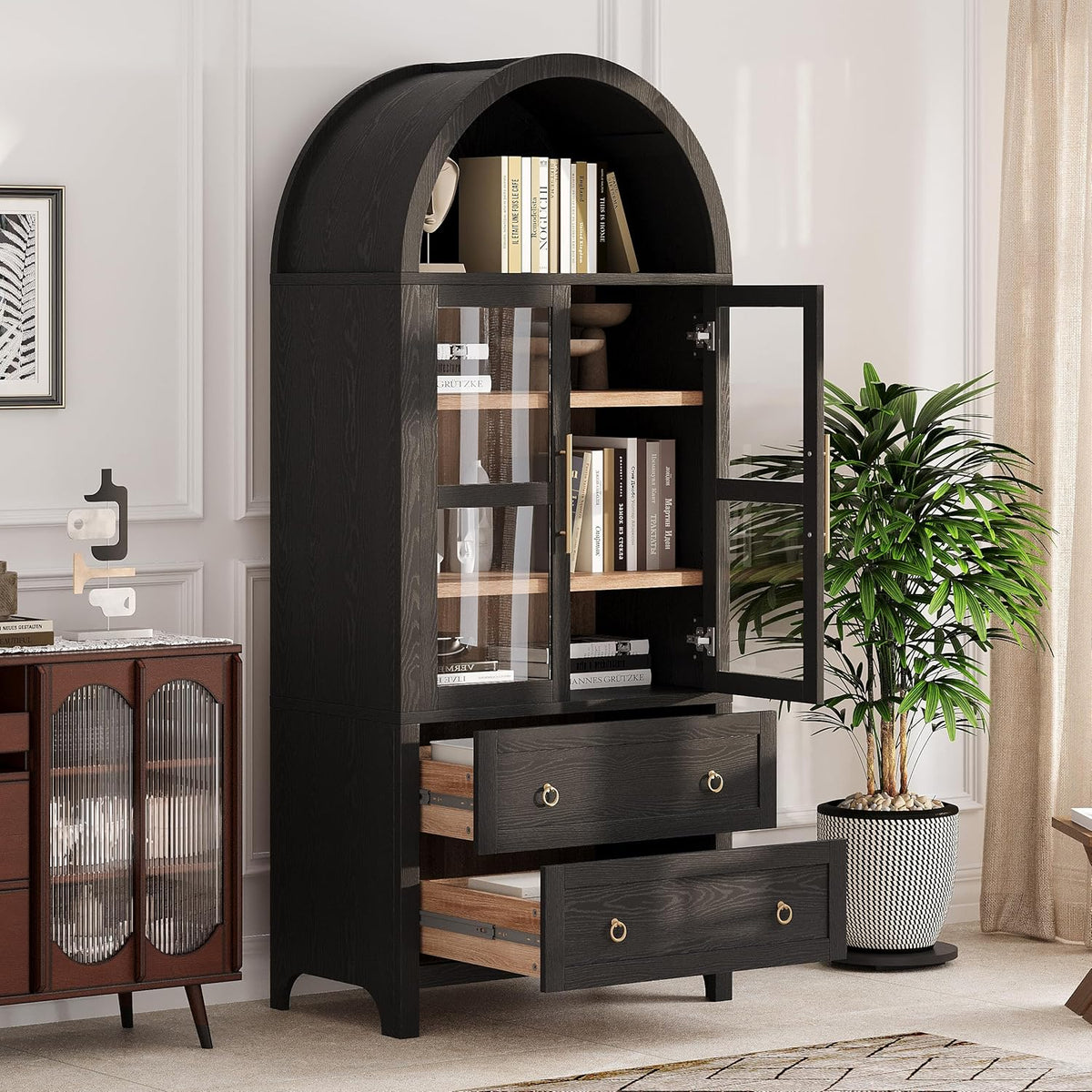 71" Tall Arched Kitchen Pantry with Glass Doors and 2 Large Drawers, Farmhouse Kitchen Storage Cabinet with Adjustable Shelves, Wood Versatile Cupboard for Dining Room (Black-3.12)